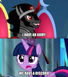 Size: 889x1000 | Tagged: safe, edit, edited screencap, editor:awkward segway, screencap, king sombra, twilight sparkle, alicorn, pony, unicorn, g4, the beginning of the end, armor, avengers, canterlot castle, cape, caption, clothes, column, crown, crystal, curved horn, dark crystal, determined, dialogue, duo, female, flowing mane, frown, horn, i have an army, image macro, implied discord, jewelry, male, mane, mare, meme, open mouth, regalia, robe, smiling, stallion, tail, text, throne, twilight sparkle (alicorn), we have a hulk, window, wings