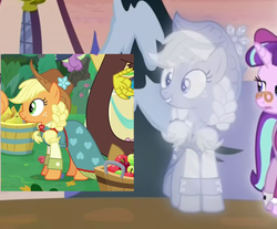 Size: 681x564 | Tagged: safe, edit, screencap, applejack, discord, snowfall frost, spike, spirit of hearth's warming past, starlight glimmer, earth pony, pony, unicorn, a hearth's warming tail, g4, the big mac question, alternate hairstyle, apple, braid, clothes, comparison, dress, female, food, reuse, smiling