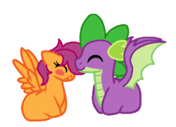 Size: 443x321 | Tagged: artist needed, safe, scootaloo, spike, dragon, pegasus, pony, g4, blushing, cute, female, male, mare, older, older scootaloo, older spike, scrunchy face, ship:scootaspike, shipping, simple background, straight, transparent background, winged spike, wings