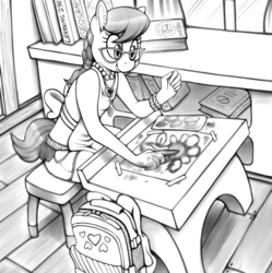 Size: 1992x2000 | Tagged: safe, artist:replica, silver spoon, earth pony, anthro, g4, apron, backpack, braid, clothes, cute, female, finger painting, glasses, grayscale, jewelry, monochrome, necklace, pearl necklace, school, silverbetes, smiling, solo