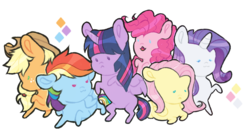 Size: 1531x801 | Tagged: safe, artist:albatraoozz, applejack, fluttershy, pinkie pie, rainbow dash, rarity, twilight sparkle, alicorn, earth pony, pegasus, pony, unicorn, g4, :3, :<, chibi, mane six, simple background, transparent background, twilight sparkle (alicorn)