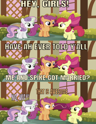 Size: 639x828 | Tagged: safe, edit, edited edit, edited screencap, editor:undeadponysoldier, screencap, apple bloom, scootaloo, sweetie belle, earth pony, pegasus, pony, unicorn, g4, caption, comic, cutie mark crusaders, female, filly, glowing horn, horn, image macro, implied spike, male, screencap comic, ship:spikebloom, shipper on deck, shipping, straight, text
