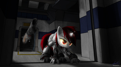 Size: 2500x1400 | Tagged: safe, artist:favmir, oc, oc only, oc:blackjack, cyborg, pony, unicorn, fallout equestria, fallout equestria: project horizons, amputee, augmented, cyber legs, cybernetic legs, fanfic, fanfic art, female, glowing eyes, glowing horn, gun, hooves, horn, indoors, levitation, magic, mare, solo, telekinesis, weapon