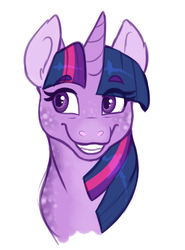Size: 1469x1989 | Tagged: safe, artist:9centschange, twilight sparkle, pony, g4, bust, coat markings, cute, dappled, ear fluff, eye clipping through hair, female, mare, portrait, simple background, smiling, solo, twiabetes, white background