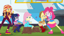 Size: 800x450 | Tagged: safe, screencap, applejack, fluttershy, pinkie pie, sci-twi, sunset shimmer, twilight sparkle, equestria girls, equestria girls series, g4, sunset's backstage pass!, spoiler:eqg series (season 2), animated, clothes, confused, cute, dress, eating, female, food, gif, hug, pancakes, shoes, sitting, sneakers, spinning, stare, syrup, tree stump, twirl