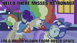 Size: 636x357 | Tagged: safe, edit, edited screencap, editor:undeadponysoldier, screencap, alula, mayor mare, pluto, earth pony, pegasus, pony, g4, luna eclipsed, afro, astronaut, caption, clothes, clown, clown makeup, clown nose, clown outfit, costume, female, filly, grammar error, image macro, killer klowns from outer space, mare, nightmare night, op has a point, red nose, scrunchy face, text