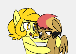 Size: 1245x875 | Tagged: safe, artist:robiinart, oc, oc only, oc:butterscotch (robiinart), oc:lightningbeat, earth pony, pegasus, pony, comforting, contrast, depression, doodle, female, floppy ears, hoof on shoulder, hug, looking down, male, simple background, size difference, sketch, smaller male, spread wings, wings