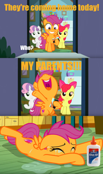 Size: 1200x2025 | Tagged: safe, edit, edited screencap, editor:awkward segway, screencap, apple bloom, scootaloo, sweetie belle, earth pony, pegasus, pony, unicorn, g4, the last crusade, bad end, caption, comic, crying, dark comedy, dialogue, elmer's glue, female, filly, glue bottle, image macro, implied death, orphan, screencap comic, text, we are going to hell