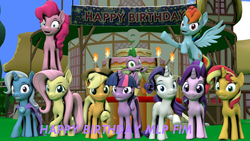 Size: 4675x2630 | Tagged: safe, artist:fazbearsparkle, applejack, fluttershy, pinkie pie, rainbow dash, rarity, spike, starlight glimmer, sunset shimmer, trixie, twilight sparkle, alicorn, dragon, earth pony, pegasus, pony, unicorn, g4, 3d, anniversary, birthday, birthday cake, cake, food, happy birthday mlp:fim, mane six, mlp fim's ninth anniversary, ponyville, revamped ponies, source filmmaker, twilight sparkle (alicorn), winged spike, wings