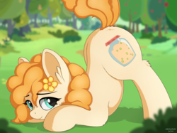 Size: 2732x2048 | Tagged: safe, artist:negasun, pear butter, earth pony, pony, g4, applejack's mom, butt, cute, cutie mark, face down ass up, female, flower, flower in hair, high res, mare, pear butt, pearabetes, scenery, solo, tree