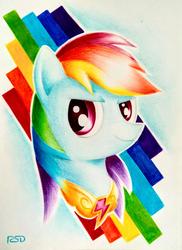 Size: 1280x1762 | Tagged: safe, artist:rsd500, rainbow dash, pegasus, pony, g4, element of loyalty, female, head shot, rainbow, solo, traditional art