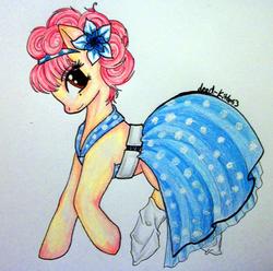 Size: 900x894 | Tagged: safe, artist:divinekitten, oc, oc only, oc:sock hop, pony, belt, clothes, concave belly, dress, female, flower, flower in hair, hornless unicorn, mare, simple background, socks, traditional art, white background, white socks