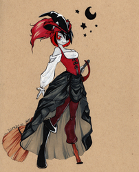 Size: 3398x4214 | Tagged: safe, artist:divinekitten, oc, oc only, oc:jacky, anthro, amputee, boots, broom, eyepatch, female, hat, moon, peg leg, pirate, prosthetic leg, prosthetic limb, prosthetics, red eyes, shoes, stars, sword, traditional art, weapon, witch, witch hat
