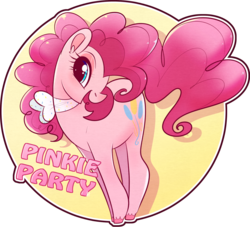 Size: 1280x1161 | Tagged: safe, artist:nursepuppo, pinkie pie, earth pony, pony, g4, abstract background, colored hooves, cute, diapinkes, ear fluff, female, happy, neckerchief, simple background, solo, unshorn fetlocks