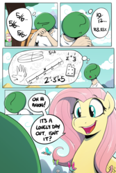 Size: 800x1200 | Tagged: safe, artist:shoutingisfun, fluttershy, oc, oc:anon, butterfly, human, pegasus, pony, comic:one left, g4, bench, comic, cute, dialogue, female, human male, male, mare, math, open mouth, question, shyabetes, sitting, smiling, speech bubble, thought bubble