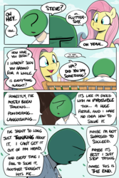 Size: 800x1200 | Tagged: safe, artist:shoutingisfun, fluttershy, oc, oc:anon, human, pegasus, pony, comic:one left, g4, bench, comic, dialogue, female, human male, male, mare, open mouth, question, sitting, smiling, speech bubble