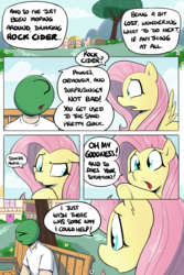 Size: 800x1200 | Tagged: safe, artist:shoutingisfun, fluttershy, oc, oc:anon, human, pegasus, pony, comic:one left, g4, bench, comic, dialogue, female, floppy ears, human male, implied pinkie pie, looking at each other, male, mare, open mouth, raised hoof, sitting, speech bubble, spread wings, wings