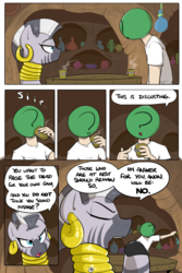 Size: 800x1200 | Tagged: safe, artist:shoutingisfun, zecora, oc, oc:anon, human, pony, zebra, comic:one left, g4, :t, comic, dialogue, drink, drinking, ear piercing, earring, eyes closed, female, food, human male, implied pear butter, jewelry, looking at each other, male, mare, neck rings, open mouth, piercing, question, raised hoof, sipping, sitting, speech bubble, table, tea, zecora's hut