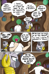 Size: 800x1200 | Tagged: safe, artist:shoutingisfun, zecora, oc, oc:anon, human, pony, zebra, comic:one left, g4, breaking the fourth wall, comic, dialogue, ear piercing, earring, female, friday night, happy, human male, jewelry, looking at each other, male, mare, neck rings, open mouth, piercing, potion, speech bubble, unamused, zecora's hut