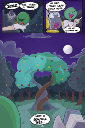Size: 800x1200 | Tagged: safe, artist:shoutingisfun, zecora, oc, oc:anon, human, pony, zebra, comic:one left, g4, apple, apple tree, cloud, comic, dialogue, female, human male, intertwined trees, male, mare, moon, neck rings, night, open mouth, pear tree, pointing, speech bubble, surprised, tree, unamused