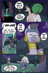 Size: 800x1200 | Tagged: safe, artist:shoutingisfun, zecora, oc, oc:anon, human, pony, zebra, comic:one left, g4, apple, apple tree, comic, dialogue, female, human male, intertwined trees, kneeling, looking at each other, male, mare, open mouth, pear tree, potion, question, roots, smiling, speech bubble, tree, unamused