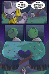 Size: 800x1200 | Tagged: safe, artist:shoutingisfun, zecora, oc, oc:anon, human, pony, zebra, comic:one left, g4, angry, apple, apple tree, comic, dialogue, dirty, ear piercing, earring, female, frown, human male, intertwined trees, jewelry, looking back, male, mare, neck rings, night, open mouth, pear tree, piercing, speech bubble, tree
