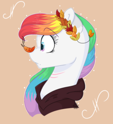 Size: 1344x1472 | Tagged: safe, artist:rainbowpawsarts, oc, oc only, oc:rainbow paws, pegasus, pony, autumn, bust, clothes, female, floral head wreath, flower, hoodie, leaves, mare, multicolored hair, rainbow hair, scar, surprised