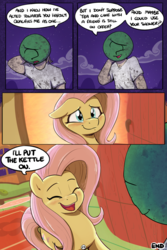 Size: 800x1200 | Tagged: safe, artist:shoutingisfun, fluttershy, oc, oc:anon, human, pegasus, pony, comic:one left, g4, blushing, comic, cute, dialogue, dirty, eyes closed, female, floppy ears, fluttershy's cottage, happy, human male, looking at each other, male, mare, night, open mouth, question, shyabetes, smiling, speech bubble