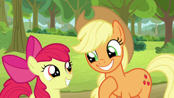 Size: 1280x720 | Tagged: safe, screencap, apple bloom, applejack, earth pony, pony, g4, going to seed, adorabloom, apple bloom's bow, applejack's hat, bow, cowboy hat, cute, duo, duo female, female, filly, hair bow, hat, jackabetes, looking at each other, mare, smiling