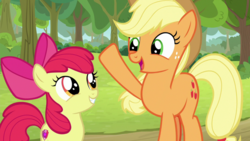 Size: 1920x1080 | Tagged: safe, screencap, apple bloom, applejack, earth pony, pony, g4, going to seed, apple bloom's bow, applejack's hat, bow, cowboy hat, duo, duo female, female, filly, hair bow, hat, mare, smiling