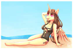 Size: 1000x680 | Tagged: safe, artist:junakitartist, oc, oc only, oc:spring beauty, alicorn, anthro, alicorn oc, beach, clothes, solo, swimsuit