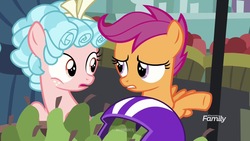 Size: 1280x720 | Tagged: safe, screencap, cozy glow, scootaloo, pegasus, pony, g4, marks for effort, discovery family logo, female, filly, food, helmet, pear