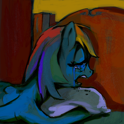Size: 4500x4500 | Tagged: safe, artist:docwario, rainbow dash, pegasus, pony, g4, bed, crying, dashtober, female, mare, pillow, solo