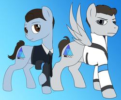 Size: 1000x832 | Tagged: safe, artist:wolftendragon, artist:wolftenpr0nz, android, earth pony, pegasus, pony, robot, blue background, clothes, connor, cyberlife, detroit: become human, duo, gradient background, jacket, looking at you, male, nines, ponified, rk800, rk900, simple background, stallion, standing