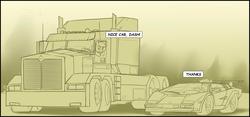 Size: 2143x1000 | Tagged: safe, artist:iloota, applejack, rainbow dash, pony, g4, airhorn, dialogue, driving, female, kenworth, lamborghini, lamborghini countach, monochrome, not transformers, pop-up headlights, semi truck, simple background, supercar, targa top, truck