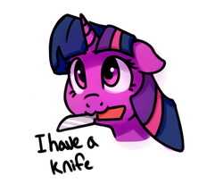 Size: 765x657 | Tagged: safe, artist:thefloatingtree, twilight sparkle, pony, g4, :3, bust, cute, female, floppy ears, knife, looking up, mare, mouth hold, nom, peace was never an option, portrait, simple background, smiling, solo, text, twiabetes, white background