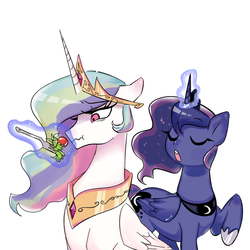 Size: 1000x1000 | Tagged: safe, artist:dilandau203, princess celestia, princess luna, alicorn, pony, g4, aura, collar, crown, diet, do not want, duo, eating, feeding, female, food, fork, herbivore, horn, jewelry, levitation, magic, mare, necklace, one leg raised, open mouth, raised hoof, regalia, royal sisters, salad, scrunchy face, siblings, simple background, sisters, telekinesis, tiara, white background, wings