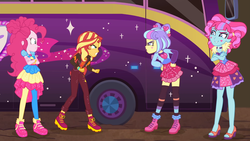 Size: 1920x1080 | Tagged: safe, screencap, kiwi lollipop, pinkie pie, sunset shimmer, supernova zap, equestria girls, equestria girls series, g4, sunset's backstage pass!, spoiler:eqg series (season 2), angry, bus, choker, clothes, feet, female, geode of sugar bombs, high heels, k-lo, legs, magical geodes, miniskirt, music festival outfit, pantyhose, postcrush, shoes, skirt, smiling, sneakers, socks, su-z, sunset shimmer is not amused, thigh highs, tour bus, unamused, zettai ryouiki