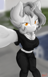 Size: 671x1080 | Tagged: safe, artist:maximus, oc, oc only, oc:sunlight stellaris, unicorn, anthro, blushing, breasts, clothes, female, looking at you, selfie, solo, unicorn oc
