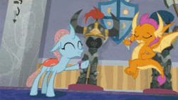 Size: 400x225 | Tagged: safe, edit, edited screencap, screencap, ocellus, smolder, spike, starlight glimmer, a matter of principals, g4, animated, fist bump, gif, high five, implied shipping, implied smolcellus, shipper on deck, starlight shipper, telescope