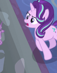 Size: 339x434 | Tagged: safe, screencap, spike, starlight glimmer, pony, unicorn, a matter of principals, g4, season 8, angry, animated, cropped, female, horses doing horse things, solo, stomp, stomping, trotting, upset