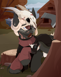 Size: 4000x5000 | Tagged: safe, artist:xsatanielx, oc, oc only, earth pony, pony, rcf community, axe, clothes, commission, cutting, ear piercing, forest, male, mouth hold, piercing, self harm, skull, solo, stallion, tree, weapon