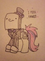Size: 1536x2048 | Tagged: safe, artist:paperbagpony, oc, oc only, oc:paper bag, earth pony, pony, bowtie, clothes, crossdressing, fake cutie mark, fancy, female, hat, suit, top hat, traditional art