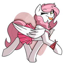 Size: 2602x2570 | Tagged: safe, artist:modularpon, oc, oc only, oc:sugar morning, pegasus, pony, cape slice, clothes, cute, female, heart, high res, hoodie, looking at you, mare, moe, ocbetes, one eye closed, pleated skirt, simple background, skirt, solo, tongue out, wink