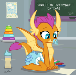 Size: 1475x1451 | Tagged: safe, artist:thunderdasher07, smolder, dragon, g4, crayon, cup, cute, daycare, diaper, diaper fetish, female, fetish, frilly diaper, non-baby in diaper, pacifier, poofy diaper, school of friendship, show accurate, sippy cup, smolderbetes, solo