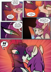 Size: 2480x3508 | Tagged: safe, artist:dsana, fizzlepop berrytwist, tempest shadow, oc, oc:thistledown, pegasus, pony, unicorn, comic:a storm's lullaby, g4, broken horn, canon x oc, comic, dialogue, duo, exclamation point, female, high res, horn, interrobang, kiss on the lips, kissing, lesbian, mare, question mark, scar, surprise kiss