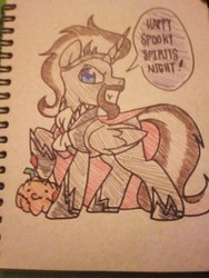 Size: 510x680 | Tagged: safe, artist:paperbagpony, oc, oc only, oc:prince cosmic light, alicorn, pony, alicorn oc, armor, cape, clothes, costume, halloween, halloween costume, hidden face, male, pumpkin, traditional art