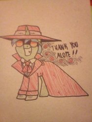 Size: 1536x2048 | Tagged: safe, artist:paperbagpony, oc, oc only, oc:alope ruby aspendale, pony, unicorn, clothes, coat, costume, glasses, hat, hellsing, male, traditional art