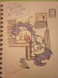 Size: 1536x2048 | Tagged: safe, artist:paperbagpony, soarin', pegasus, pony, g4, calendar, dialogue, implied spitfire, male, offscreen character, onomatopoeia, paper airplane, sleeping, snoring, sound effects, stallion, traditional art, wavy mouth, zzz