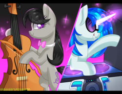Size: 3000x2300 | Tagged: safe, artist:redheartponiesfan, dj pon-3, octavia melody, vinyl scratch, pony, g4, bow (instrument), cello, cello bow, high res, musical instrument, turntable